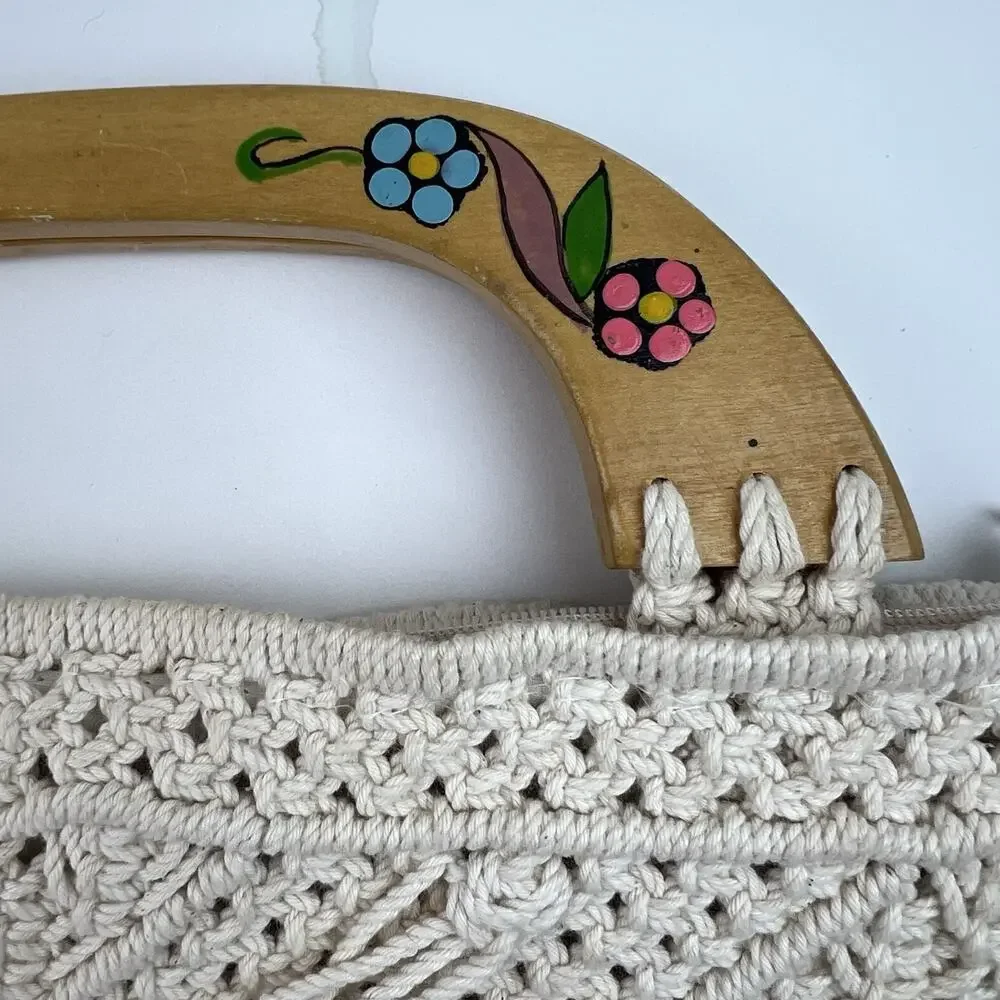 Vintage 70s Macrame Handbag Cream Boho Purse Painted Wooden Handles Folk Art